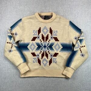 Vintage 80s JCPenney Southwestern Aztec Knit Sweater Men's M Beige Blue Orlon